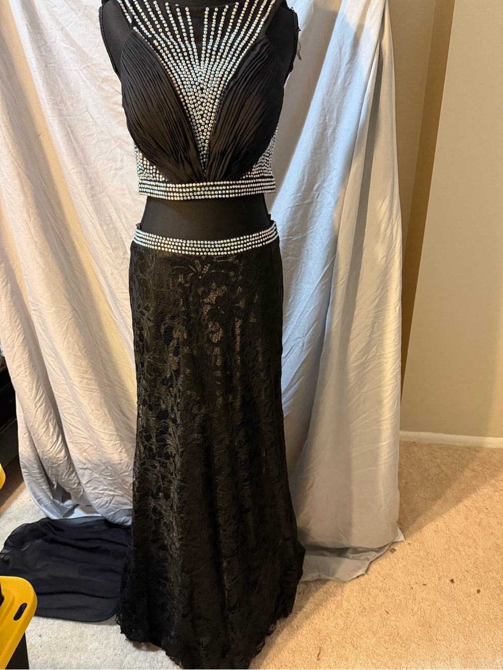 Black Two-Piece Prom Dress with Rhinestone Detailing